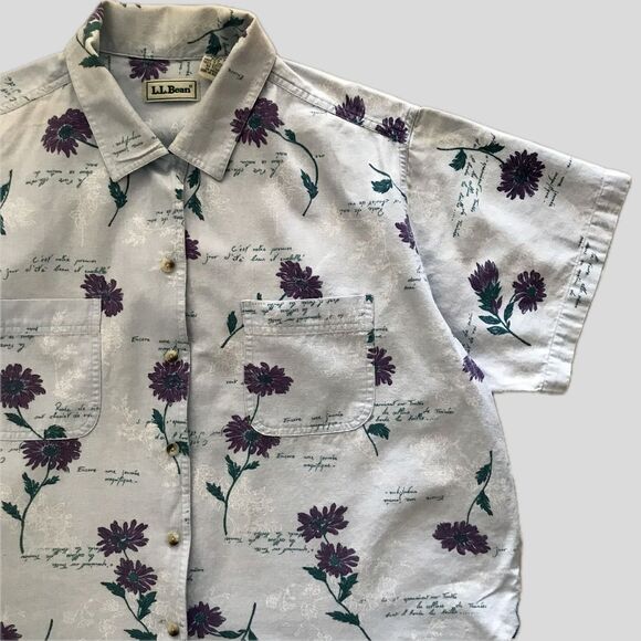 Vintage 90s LL Bean Blue Floral Botanical 100% Cotton Collared Shirt L/XL - Picture 2 of 8